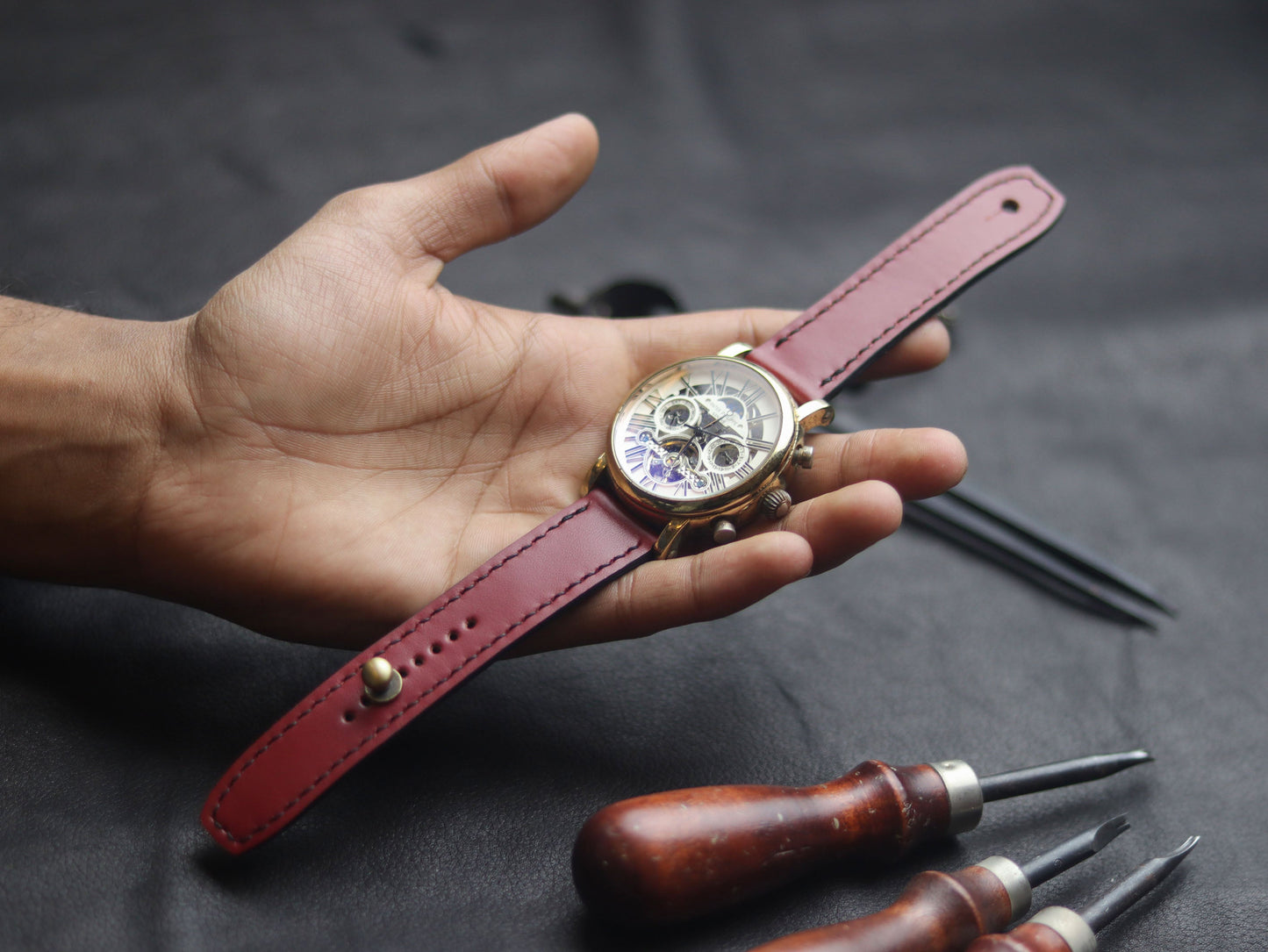CRIMSON RED (BLACK) - FULL STITCHED WATCH STRAPS grip