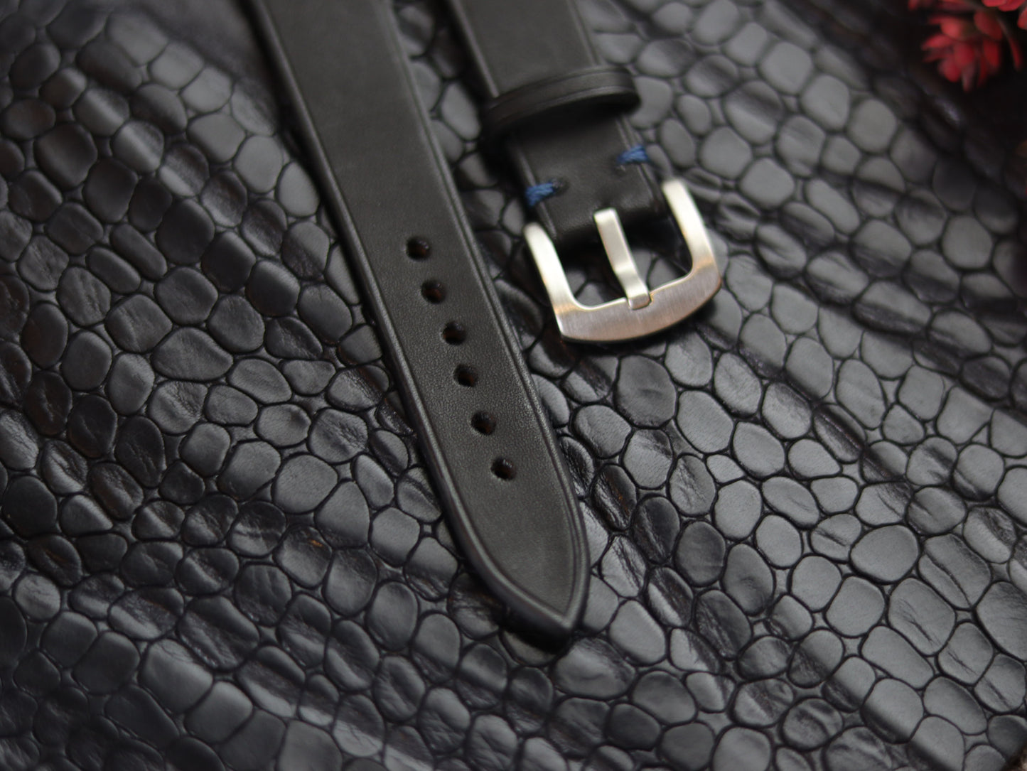LEATHER STRAPS  MATTE BLACK (BLUE ) MINIMAL STITCHED GRIP LEATHER GOODS