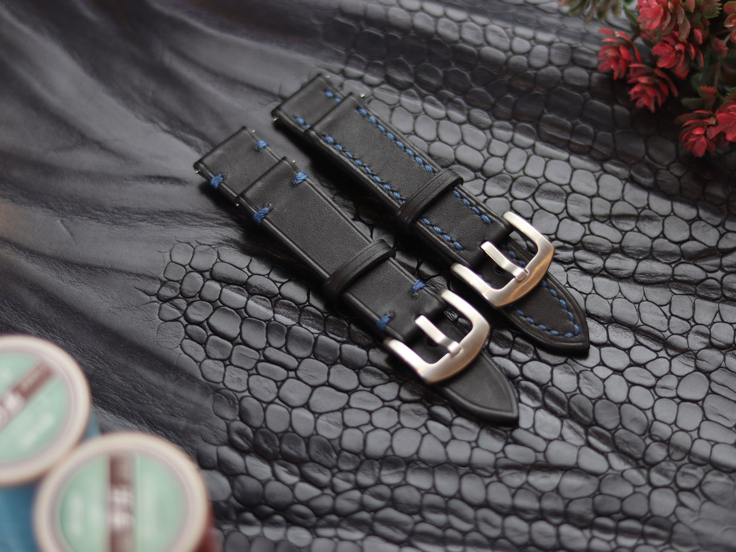 LEATHER STRAPS  MATTE BLACK (BLUE ) MINIMAL STITCHED GRIP LEATHER GOODS