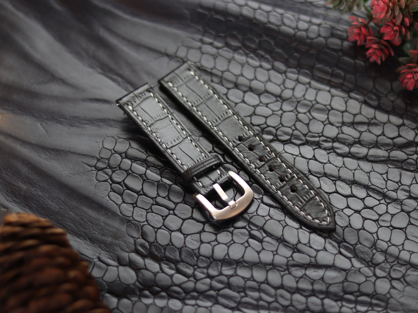 LEATHER STRAPS PHANTOM BLACK (WHITE  ) FULL STITCHED GRIP LEATHER GOODS