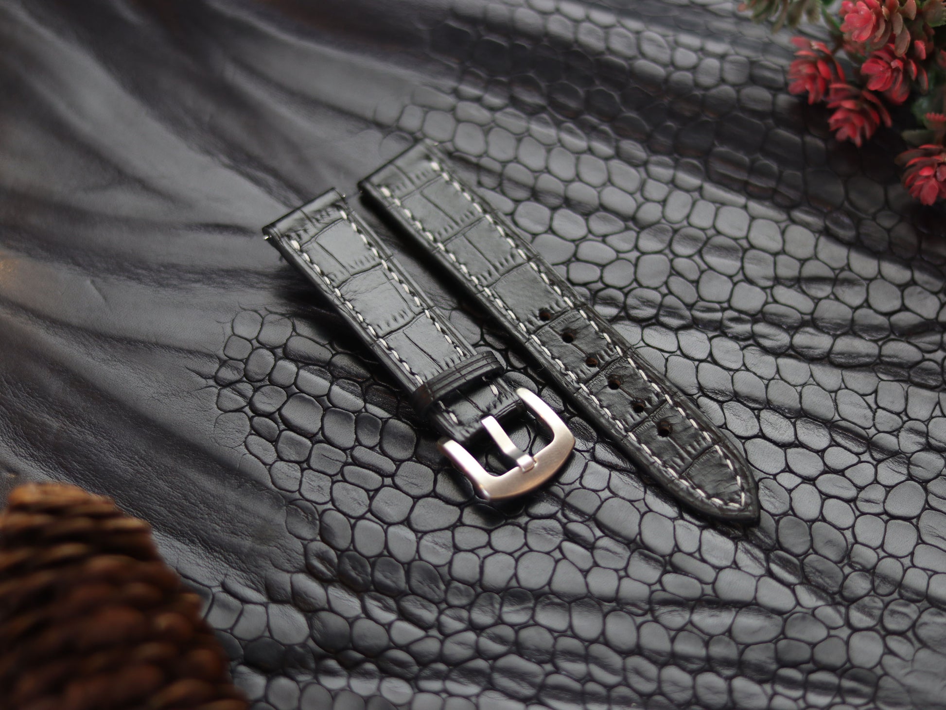 LEATHER STRAPS PHANTOM BLACK (WHITE  ) FULL STITCHED GRIP LEATHER GOODS