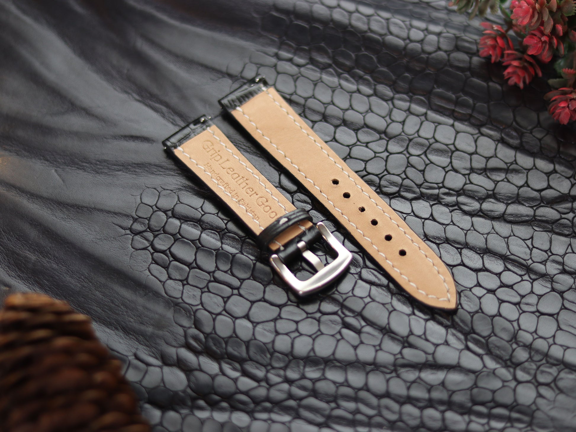 LEATHER STRAPS PHANTOM BLACK (WHITE  ) FULL STITCHED GRIP LEATHER GOODS