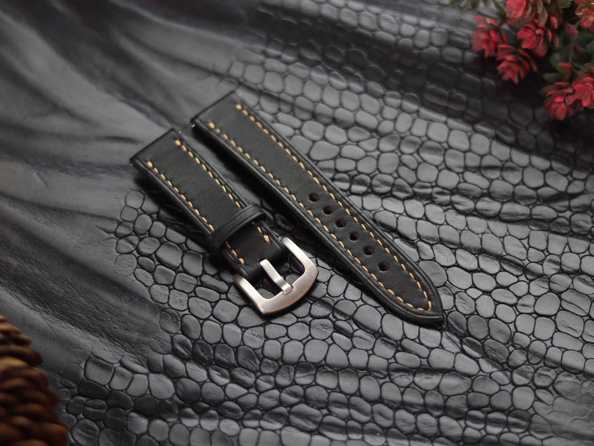 LEATHER STRAPS MATTE BLACK  ( SUNSET ORANGE) FULL STITCHED GRIP LEATHER GOODS