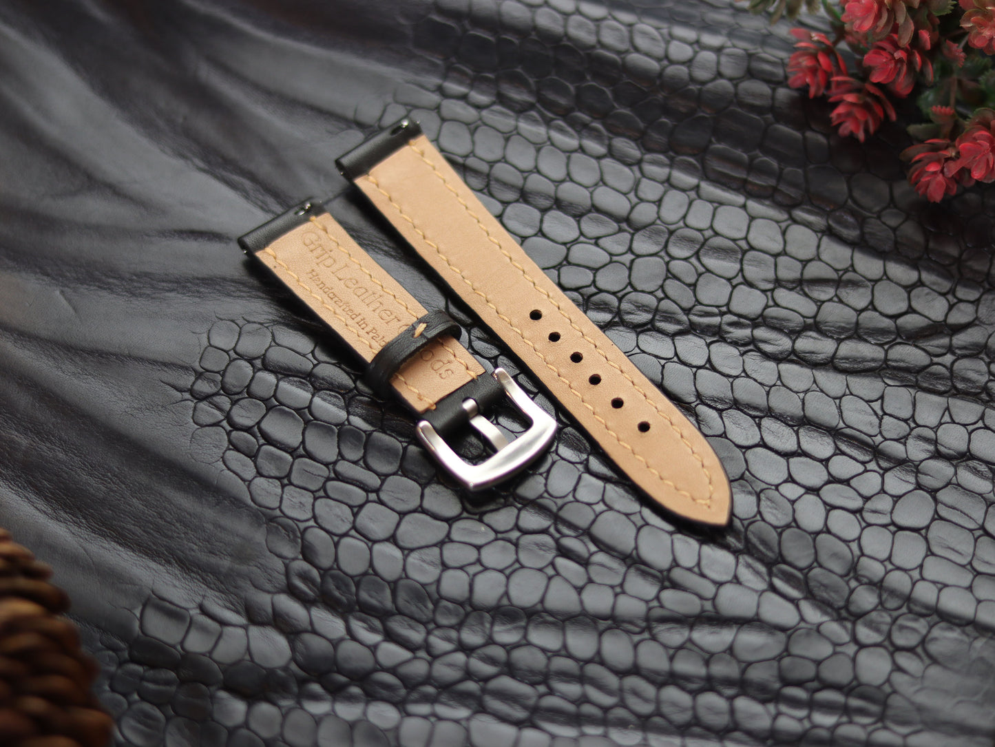 LEATHER STRAPS PHANTOM BLACK (WHITE  ) FULL STITCHED GRIP LEATHER GOODS