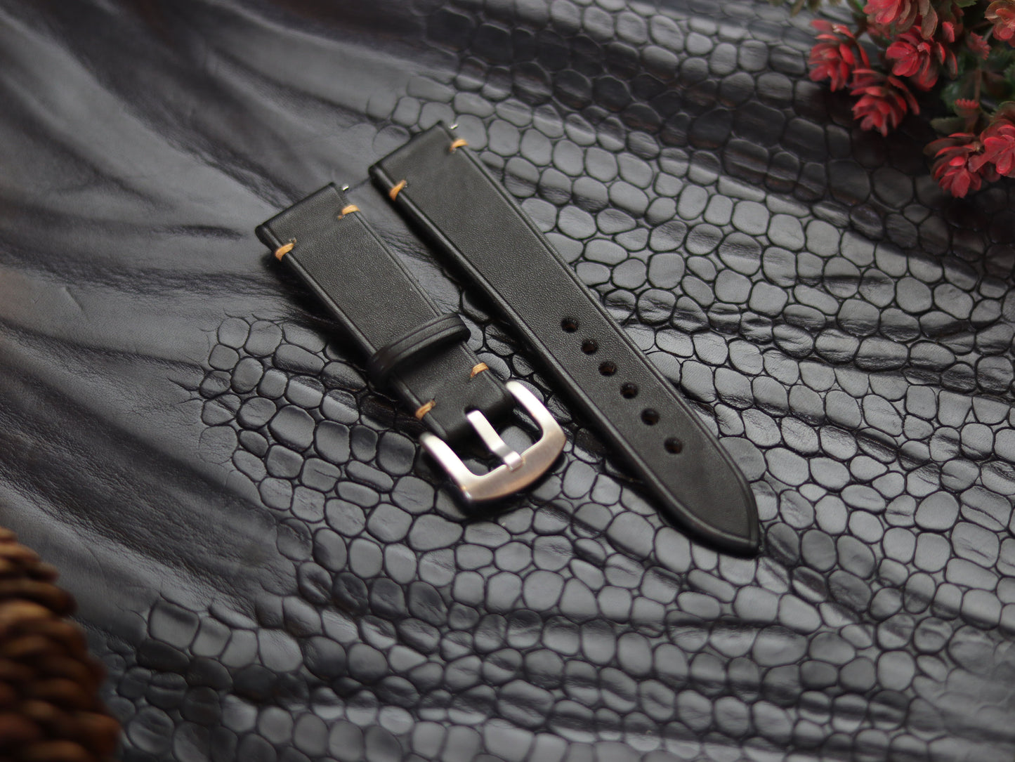 LEATHER STRAPS MATTE BLACK  ( SUNSET ORANGE) MINIMAL STITCHED GRIP LEATHER GOODS