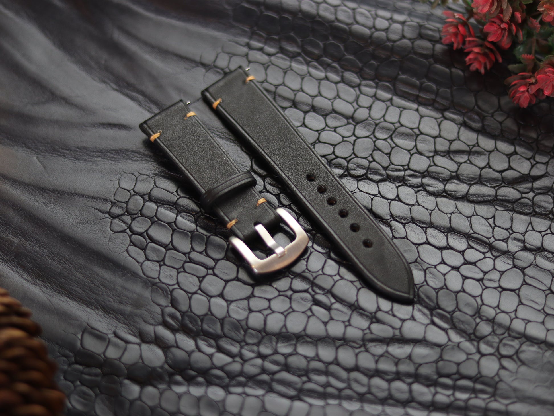 LEATHER STRAPS MATTE BLACK  ( SUNSET ORANGE) MINIMAL STITCHED GRIP LEATHER GOODS
