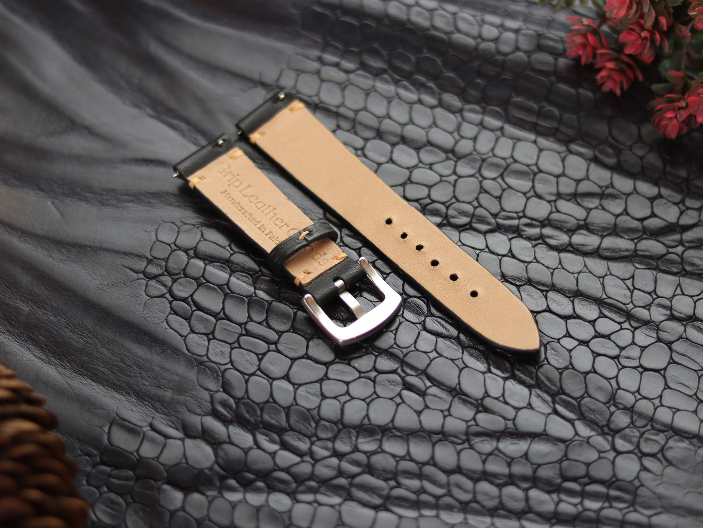LEATHER STRAPS MATTE BLACK  ( SUNSET ORANGE) MINIMAL STITCHED GRIP LEATHER GOODS