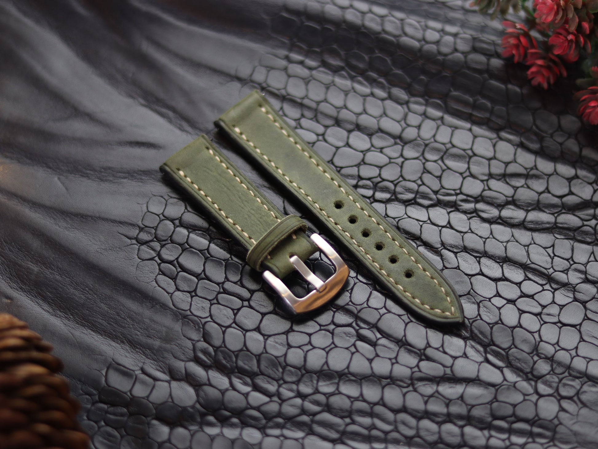 LEATHER STRAPS EMERALD GREEN (BEACH)  FULL STITCHED GRIP LEATHER GOODS