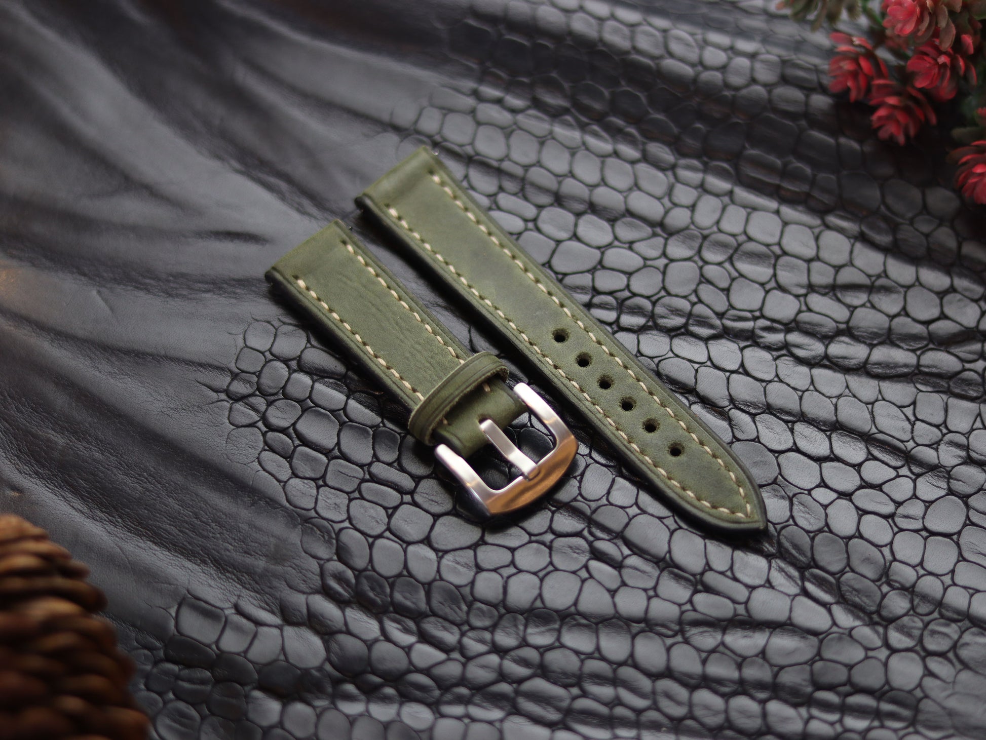 LEATHER STRAPS EMERALD GREEN (BEACH)  FULL STITCHED GRIP LEATHER GOODS