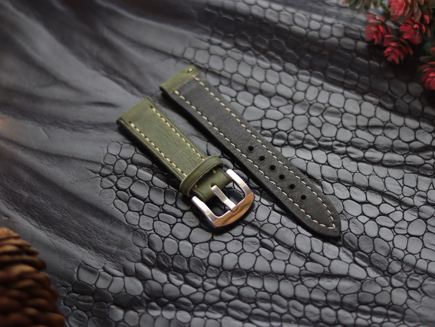 LEATHER STRAPS EMERALD GREEN (BEACH)  FULL STITCHED GRIP LEATHER GOODS
