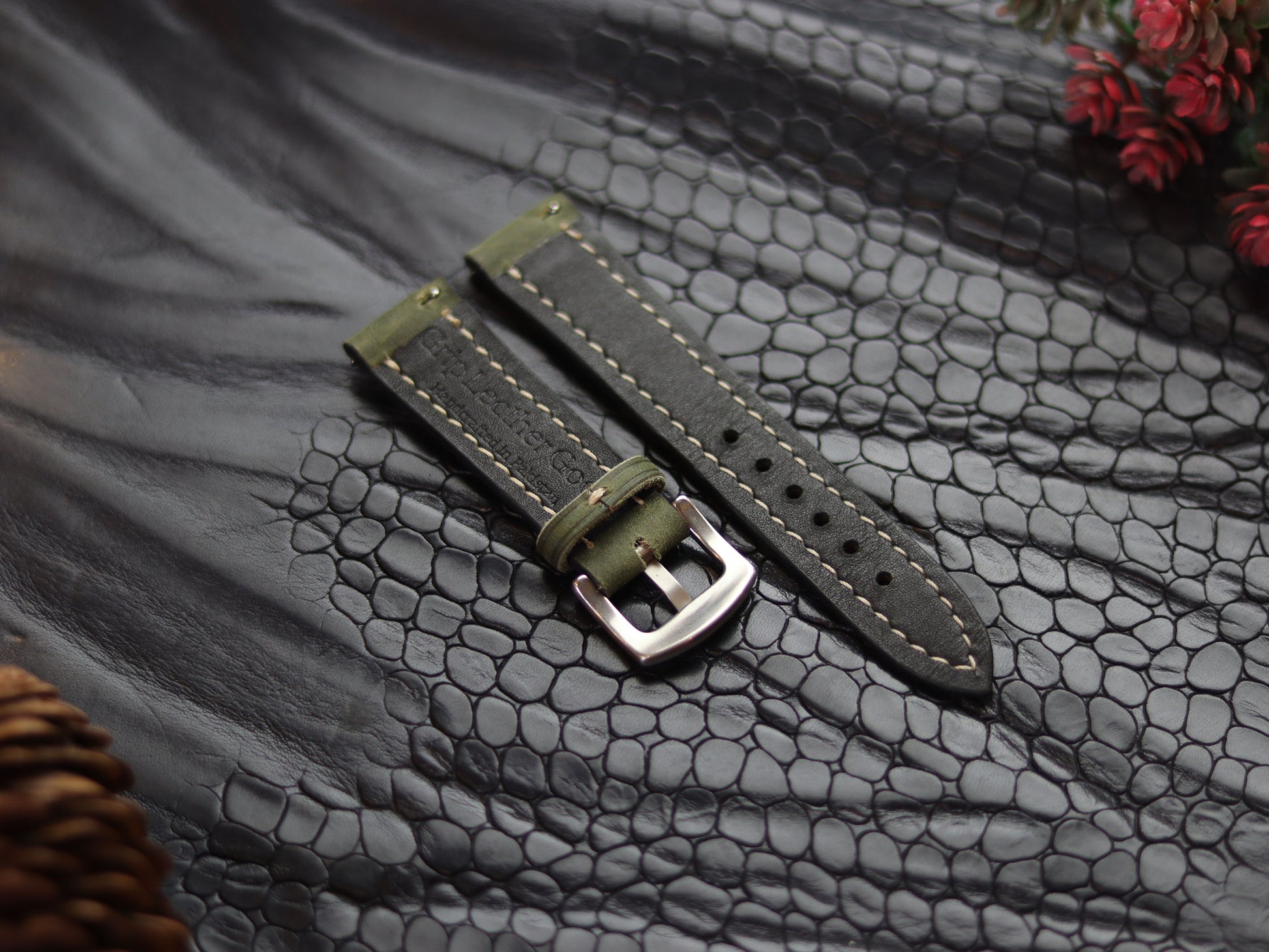 LEATHER STRAPS EMERALD GREEN (BEACH)  FULL STITCHED GRIP LEATHER GOODS