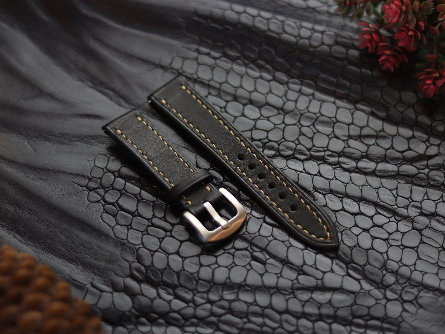 LEATHER STRAPS MATTE BLACK  ( SUNSET ORANGE) FULL STITCHED GRIP LEATHER GOODS