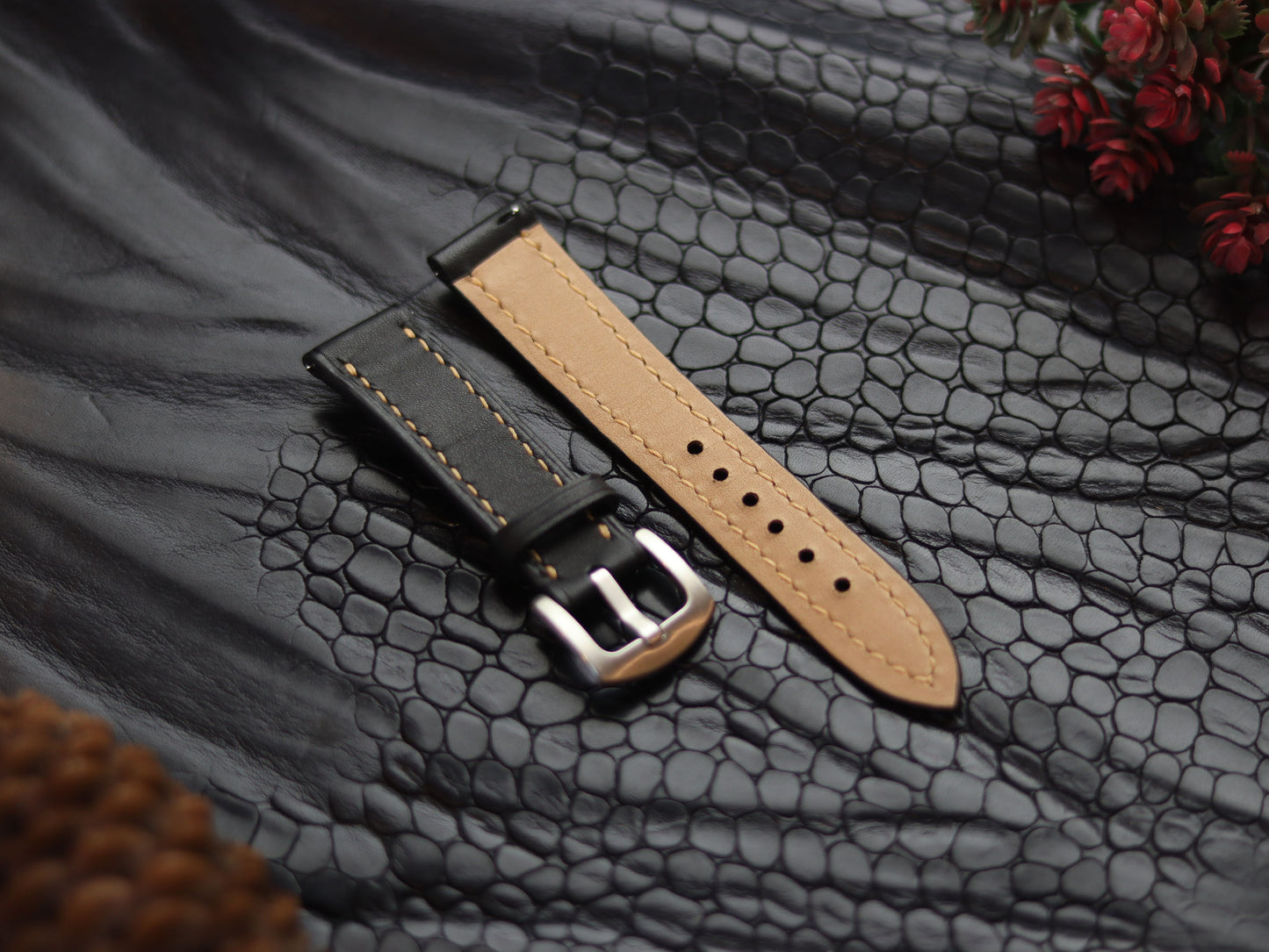 LEATHER STRAPS MATTE BLACK  ( SUNSET ORANGE) FULL STITCHED GRIP LEATHER GOODS