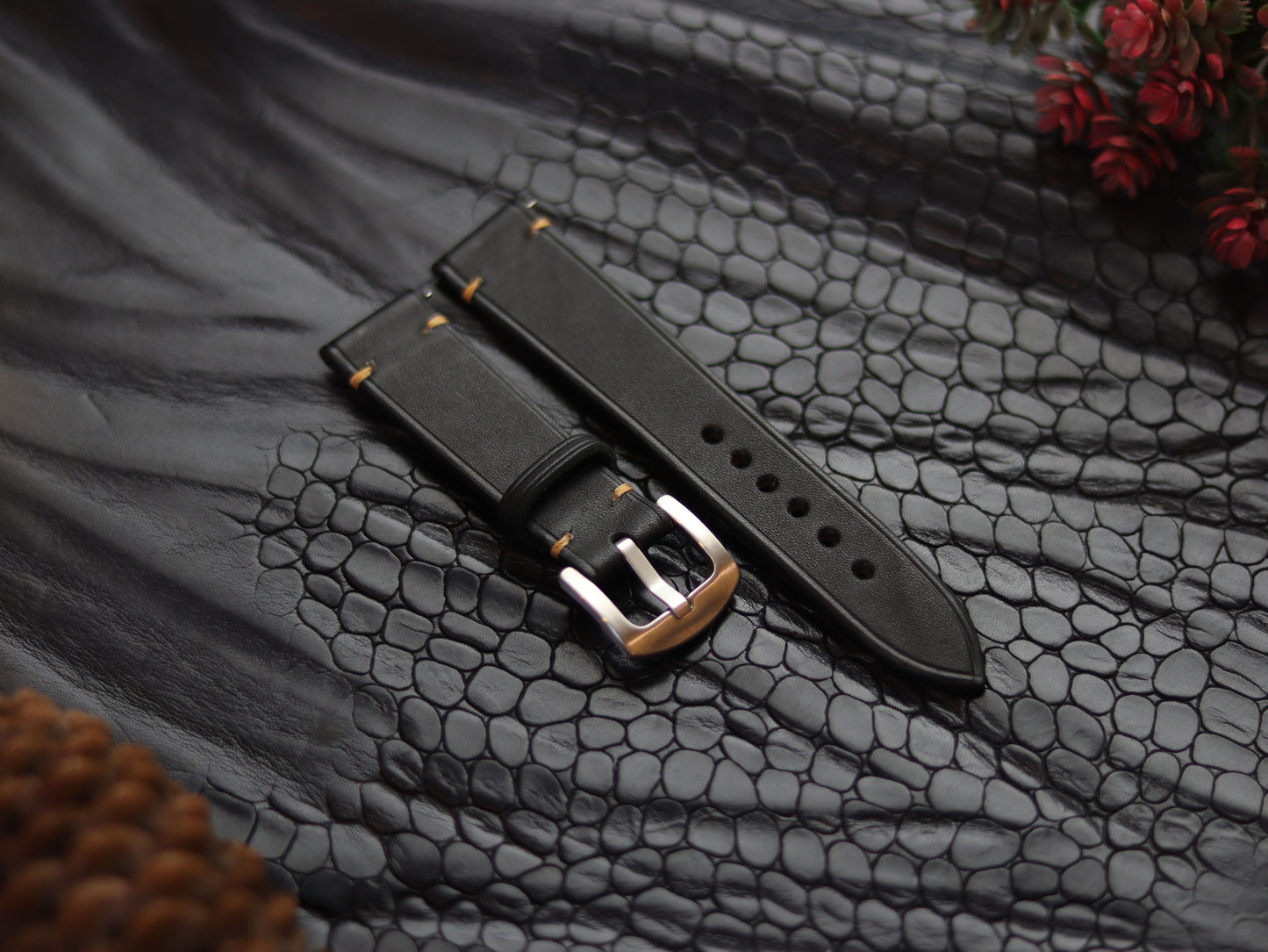 LEATHER STRAPS MATTE BLACK  ( SUNSET ORANGE) MINIMAL STITCHED GRIP LEATHER GOODS