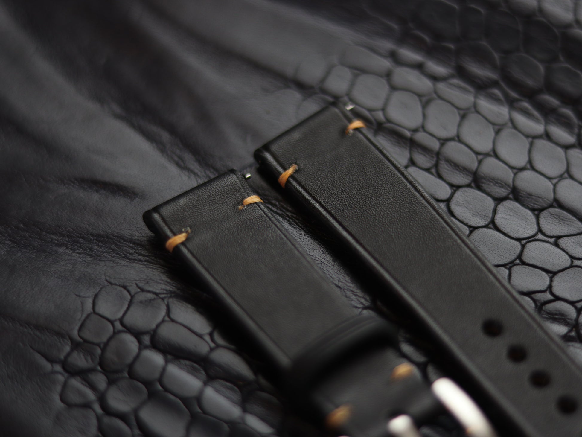 LEATHER STRAPS MATTE BLACK  ( SUNSET ORANGE) MINIMAL STITCHED GRIP LEATHER GOODS