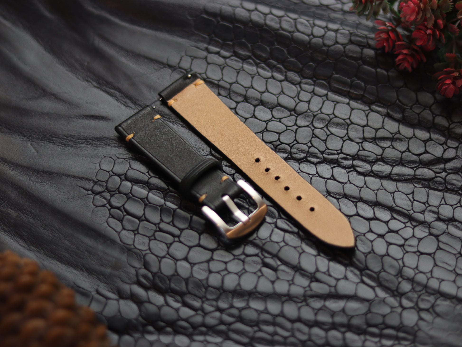 LEATHER STRAPS MATTE BLACK  ( SUNSET ORANGE) MINIMAL STITCHED GRIP LEATHER GOODS