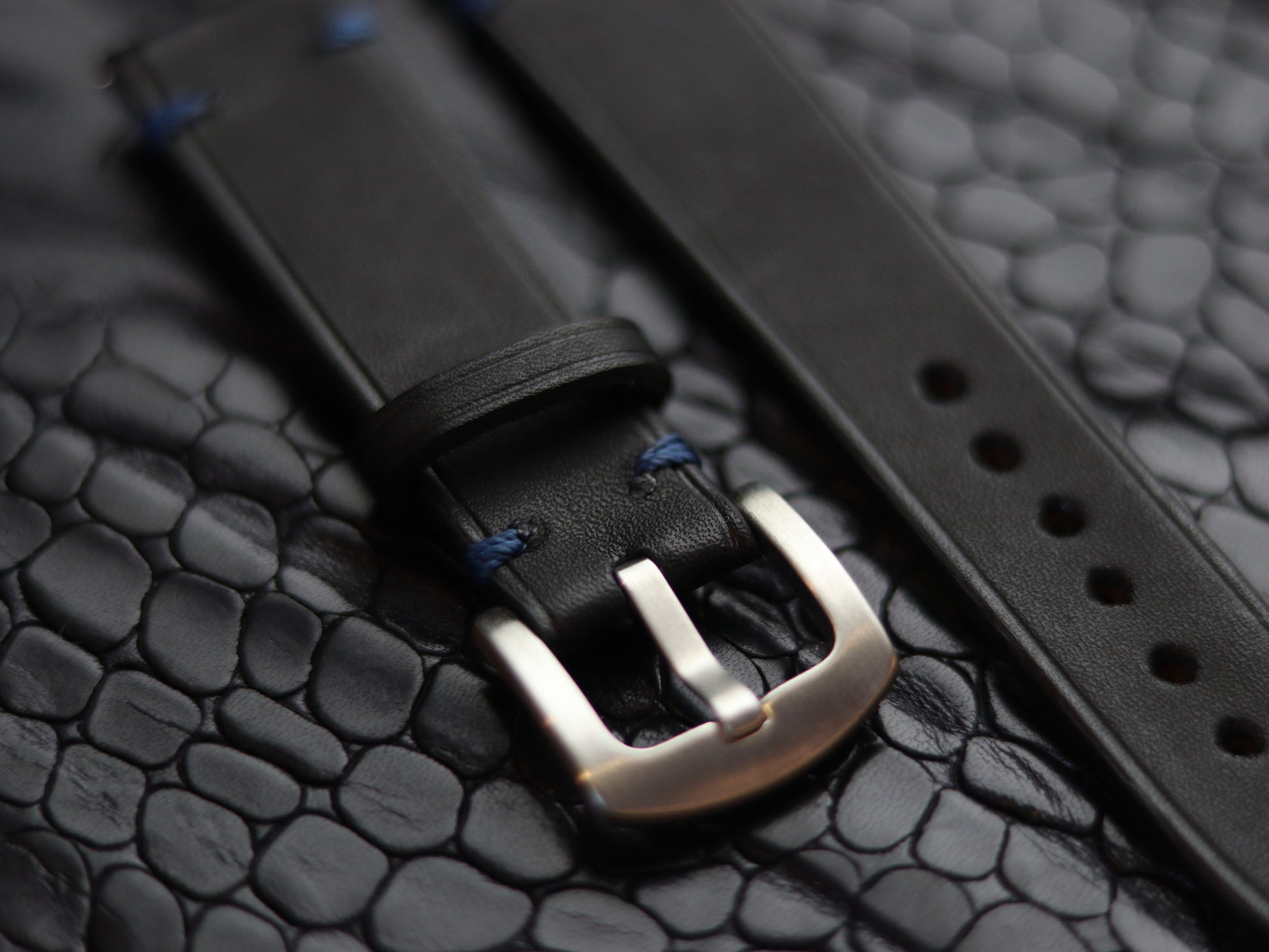 LEATHER STRAPS  MATTE BLACK (BLUE ) MINIMAL STITCHED GRIP LEATHER GOODS