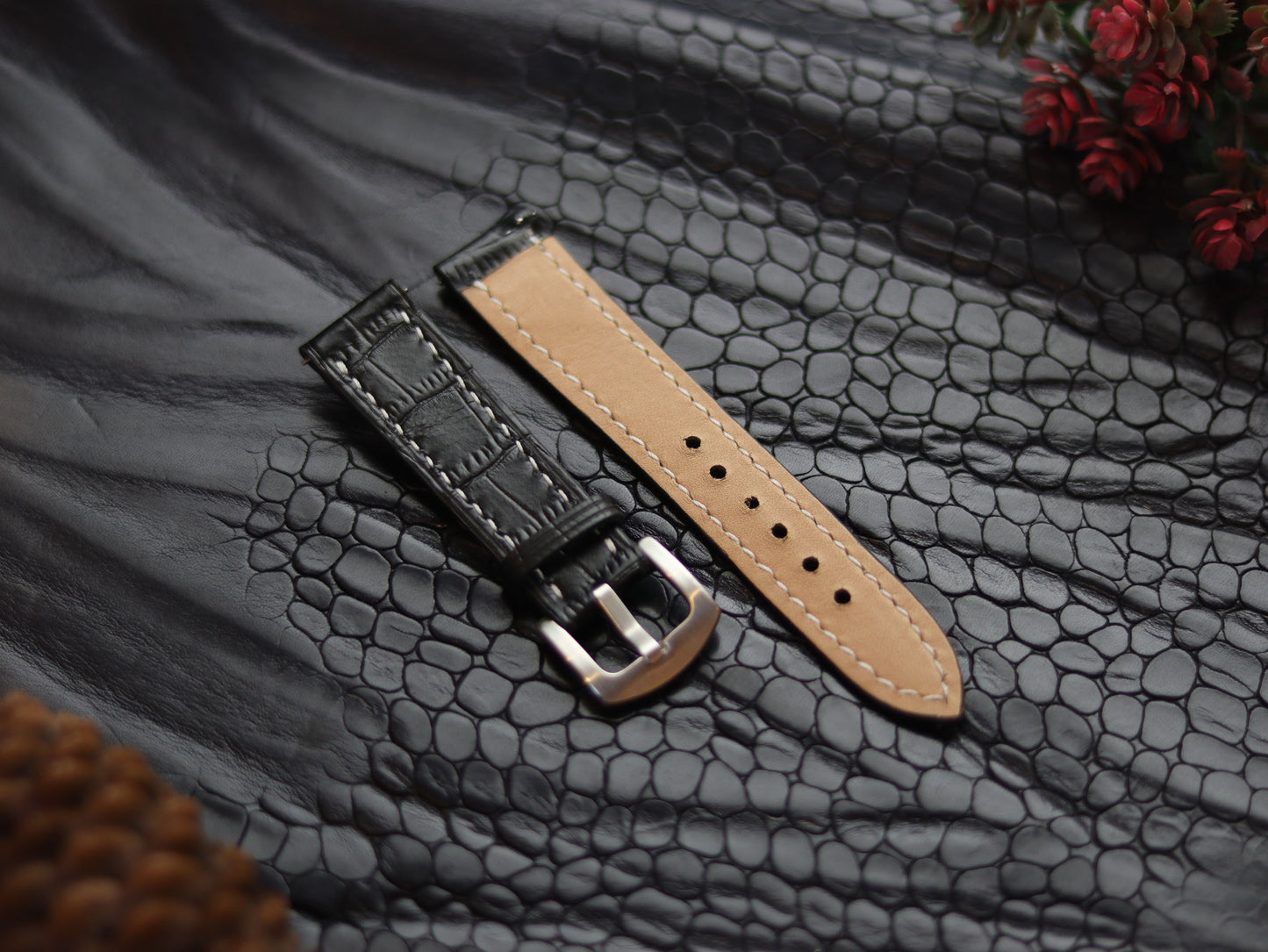 LEATHER STRAPS PHANTOM BLACK (WHITE  ) FULL STITCHED GRIP LEATHER GOODS