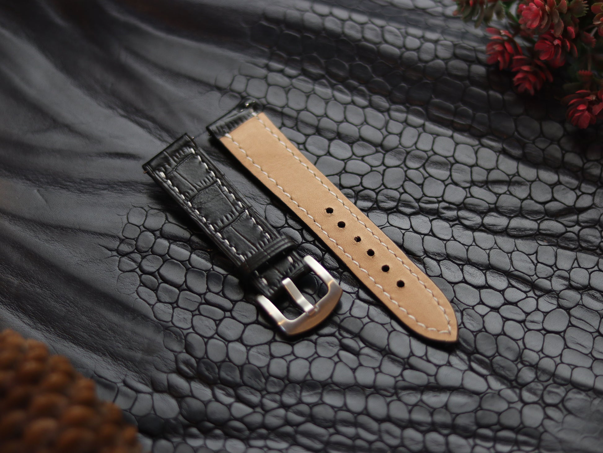 LEATHER STRAPS PHANTOM BLACK (WHITE  ) FULL STITCHED GRIP LEATHER GOODS