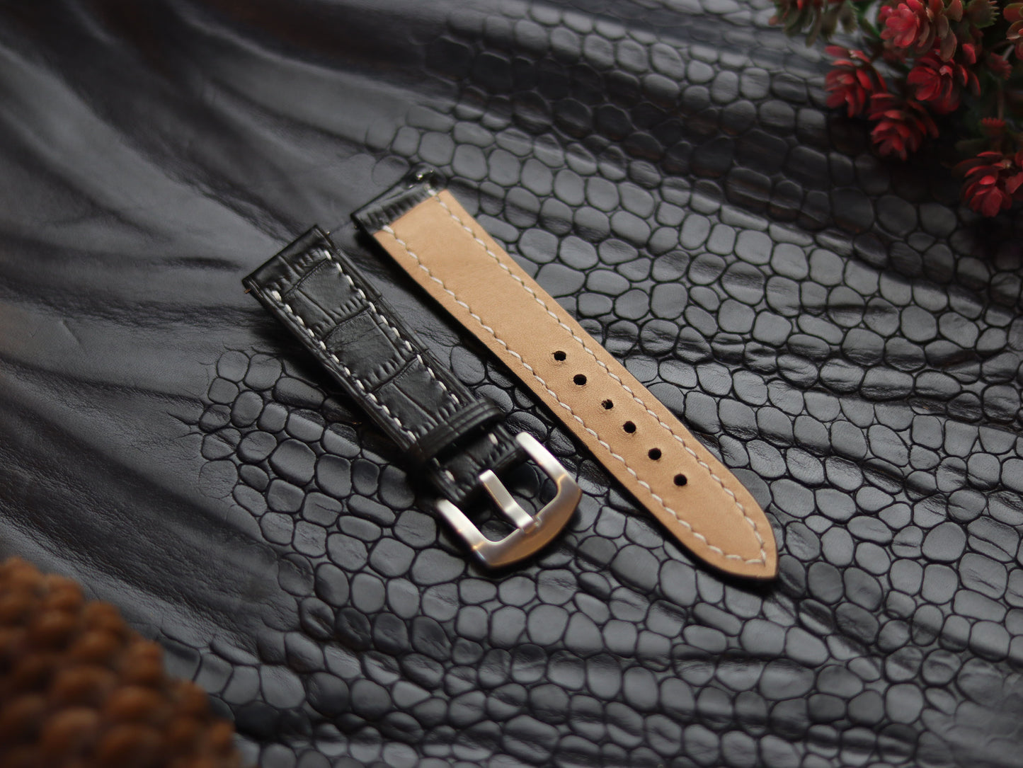 LEATHER STRAPS PHANTOM BLACK (WHITE  ) FULL STITCHED GRIP LEATHER GOODS