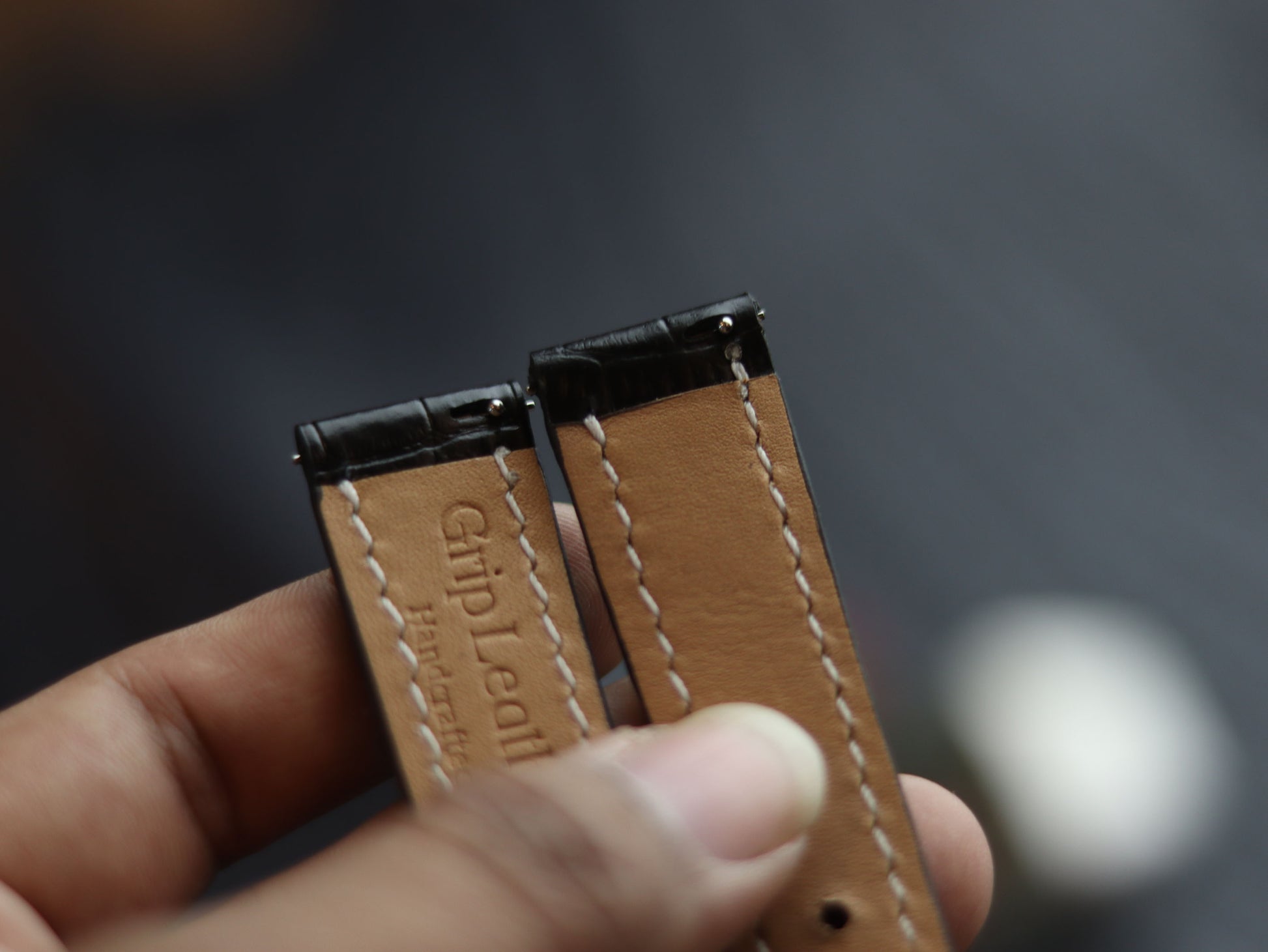 LEATHER STRAPS PHANTOM BLACK (WHITE  ) FULL STITCHED GRIP LEATHER GOODS