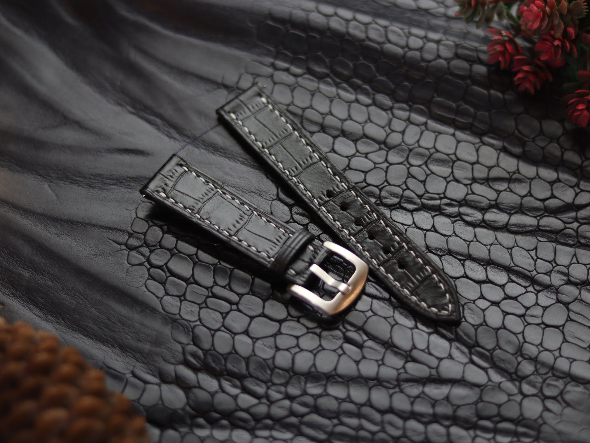 LEATHER STRAPS PHANTOM BLACK (WHITE  ) FULL STITCHED GRIP LEATHER GOODS