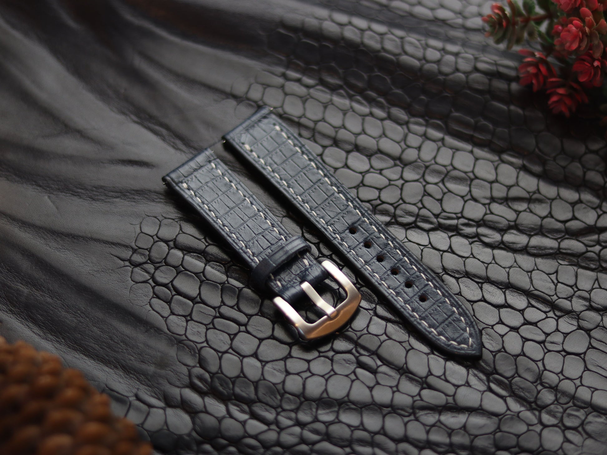 LEATHER STRAPS IMPERIAL BLUE (WHITE)  FULL STITCHED GRIP LEATHER GOODS
