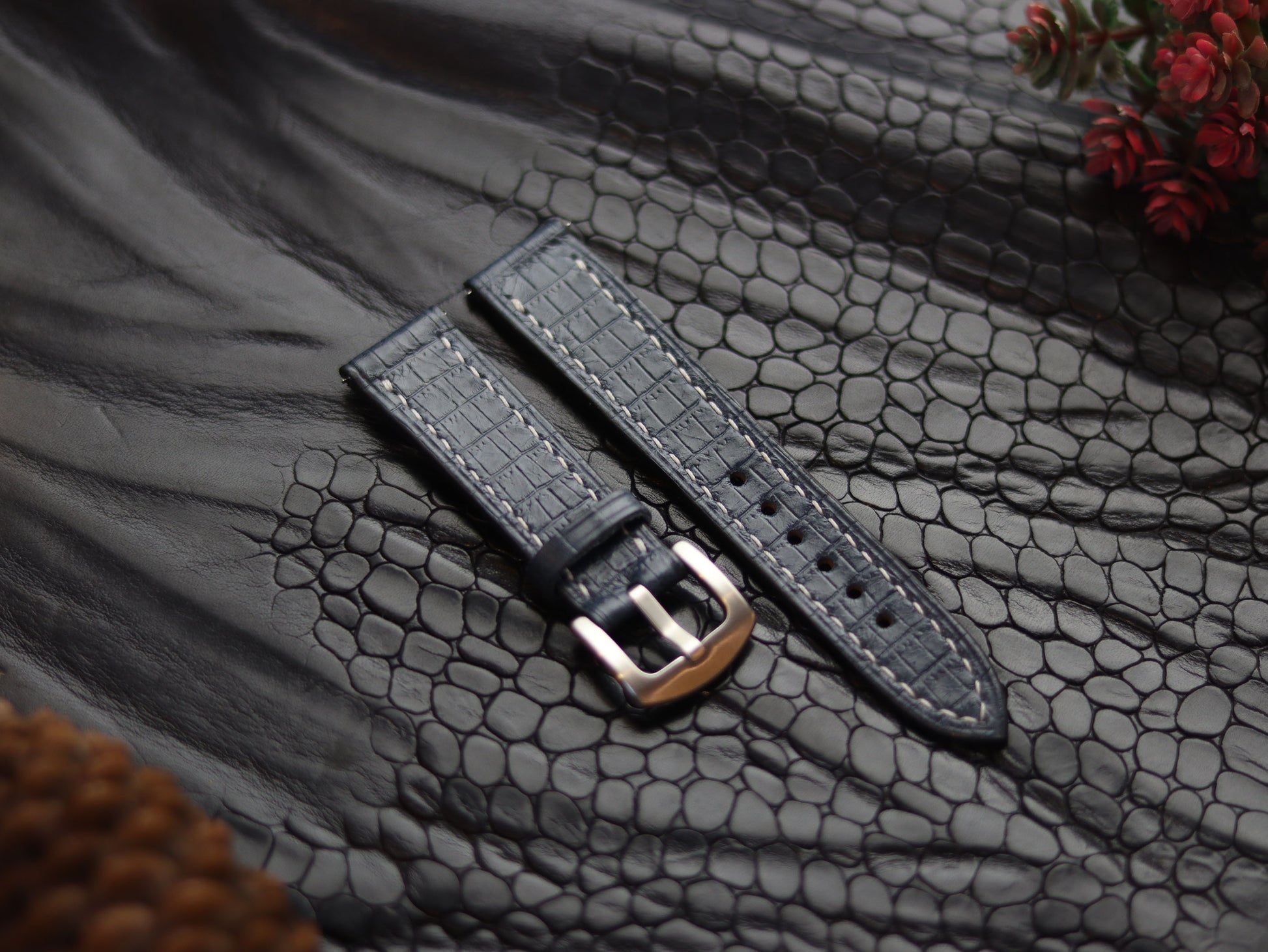 LEATHER STRAPS IMPERIAL BLUE (WHITE)  FULL STITCHED GRIP LEATHER GOODS