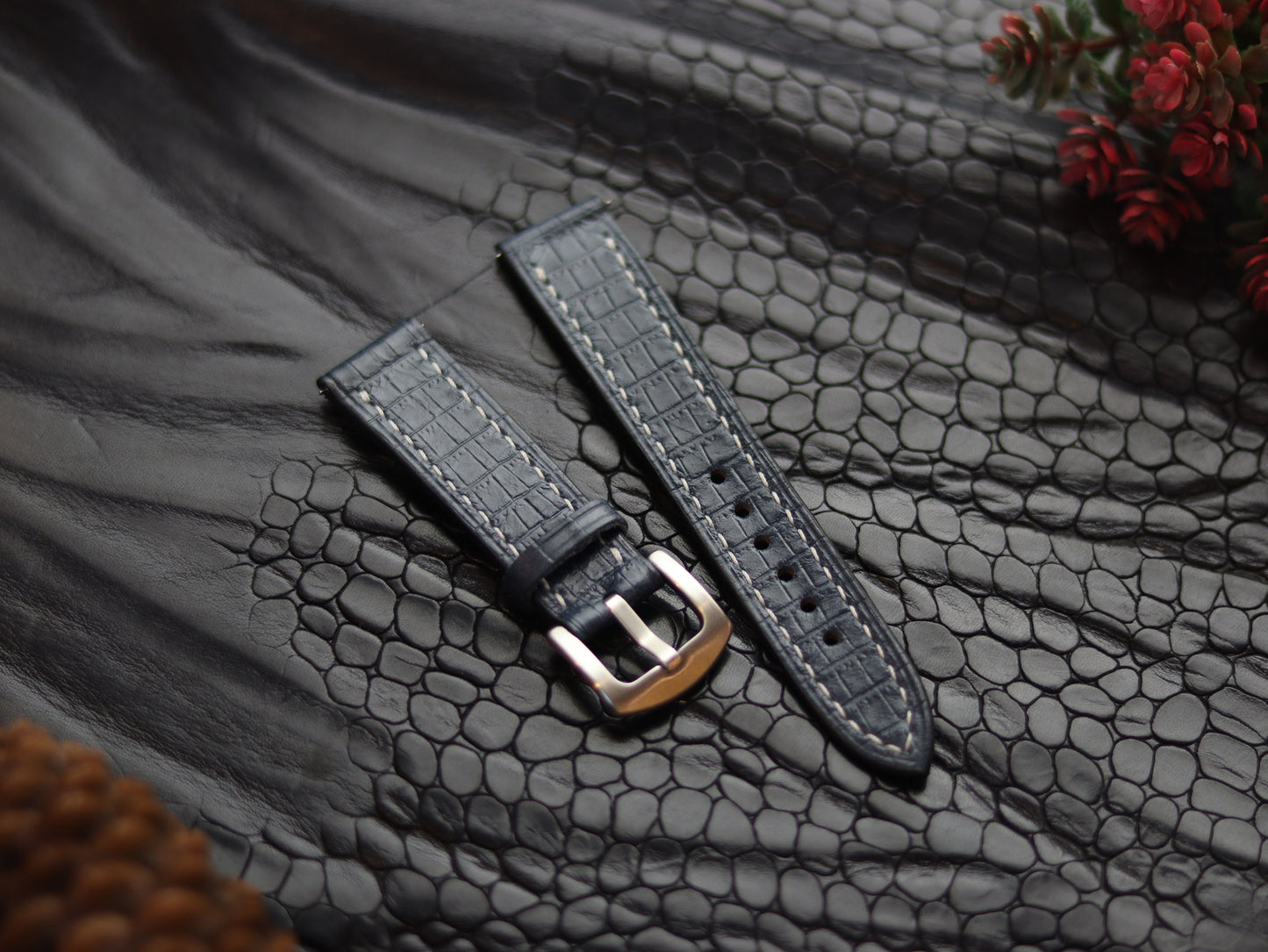 LEATHER STRAPS IMPERIAL BLUE (WHITE)  FULL STITCHED GRIP LEATHER GOODS
