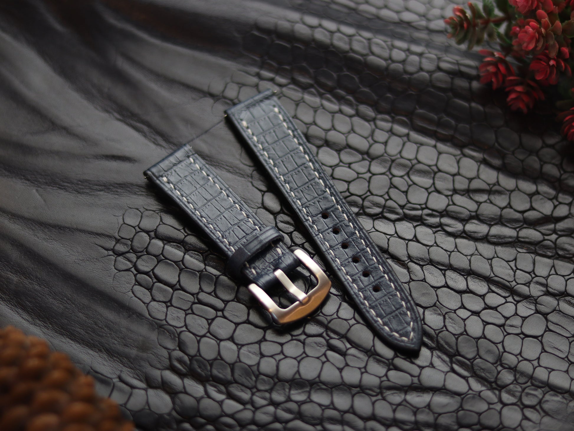 LEATHER STRAPS IMPERIAL BLUE (WHITE)  FULL STITCHED GRIP LEATHER GOODS