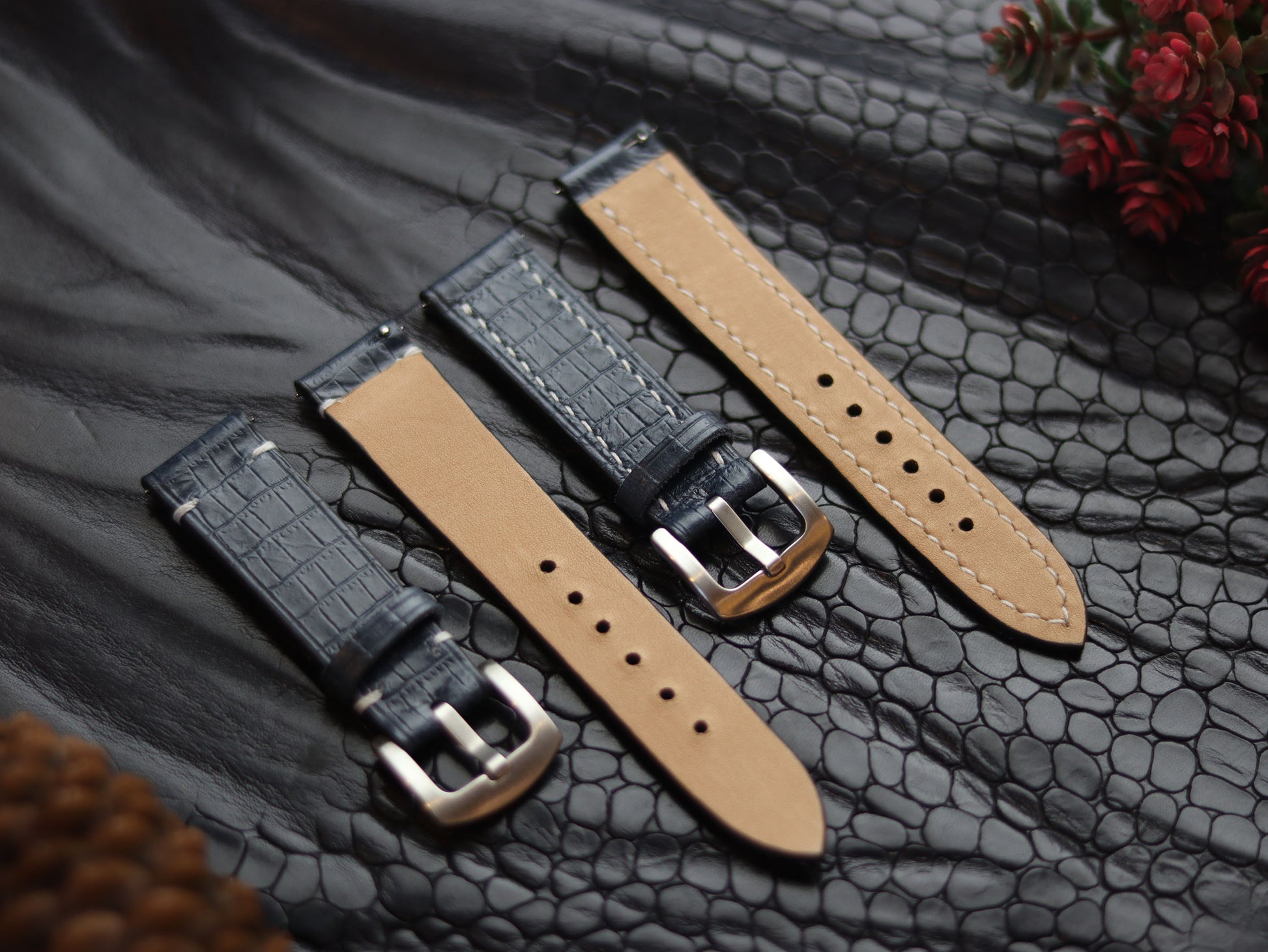 LEATHER STRAPS IMPERIAL BLUE (WHITE)  FULL STITCHED GRIP LEATHER GOODS