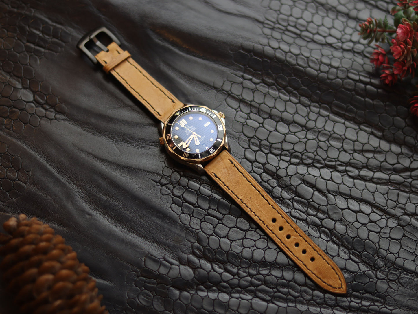 LEATHER STRAPS CLASSIC OAK (BLACK)  FULL STITCHED GRIP LEATHER GOODS