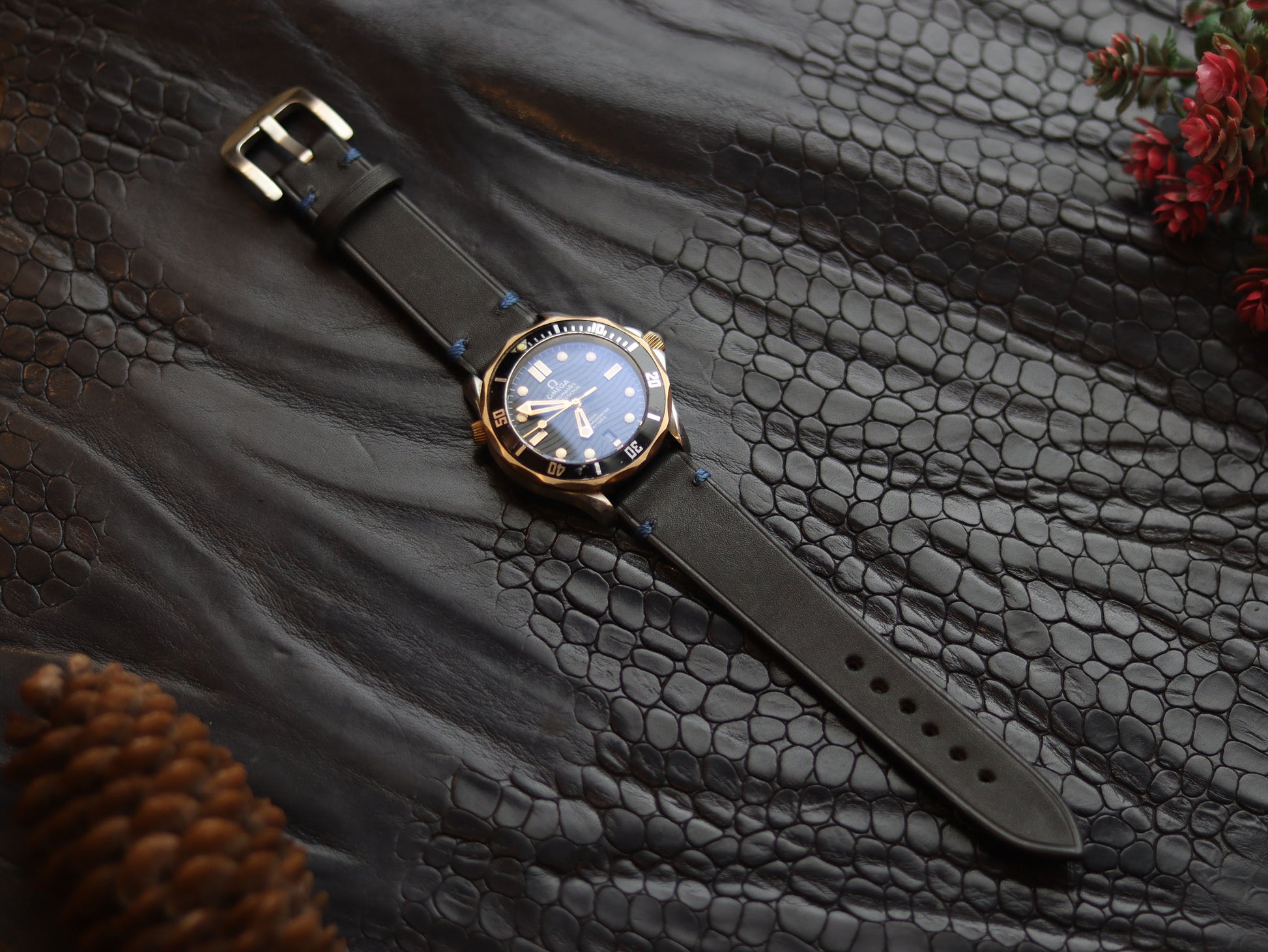 LEATHER STRAPS  MATTE BLACK (BLUE ) MINIMAL STITCHED GRIP LEATHER GOODS