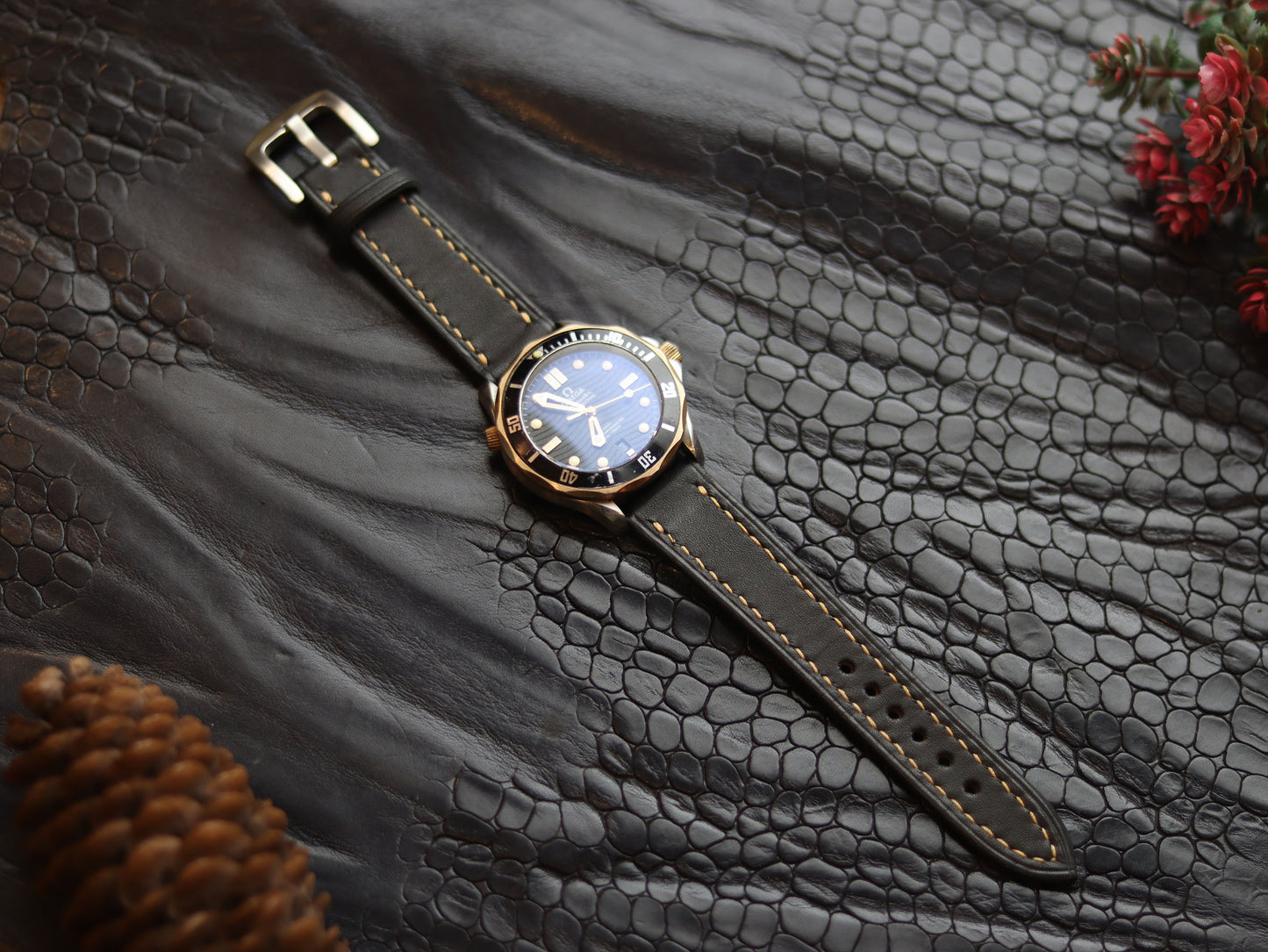 LEATHER STRAPS MATTE BLACK  ( SUNSET ORANGE) FULL STITCHED GRIP LEATHER GOODS