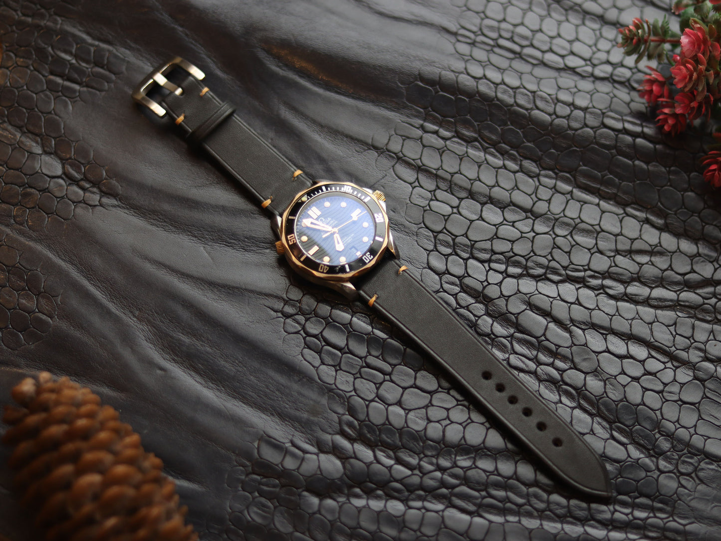 LEATHER STRAPS MATTE BLACK  ( SUNSET ORANGE) MINIMAL STITCHED GRIP LEATHER GOODS